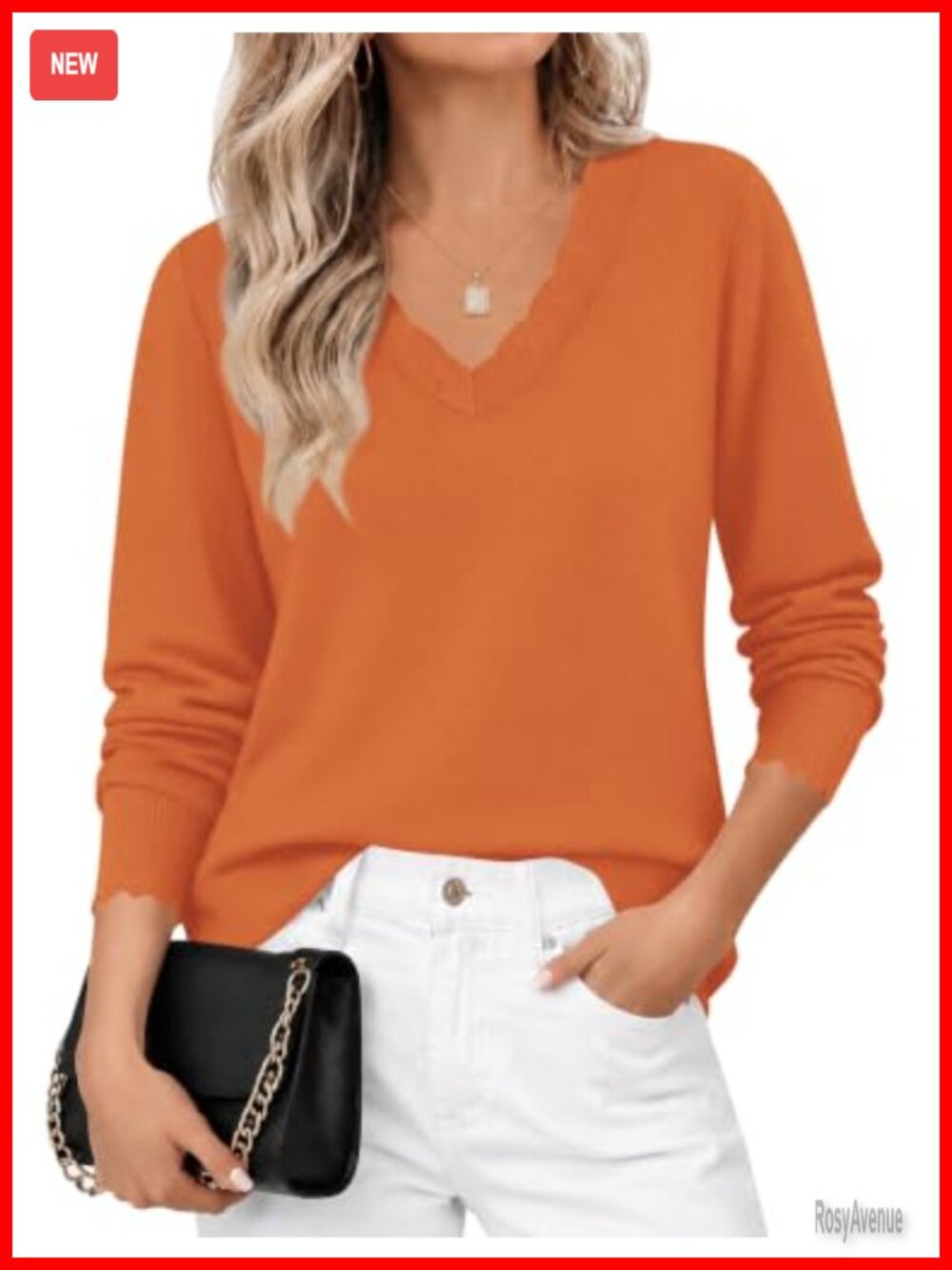 Women Scalloped V Neck Long Sleeve Knit Sweater Pullover Loose Fit